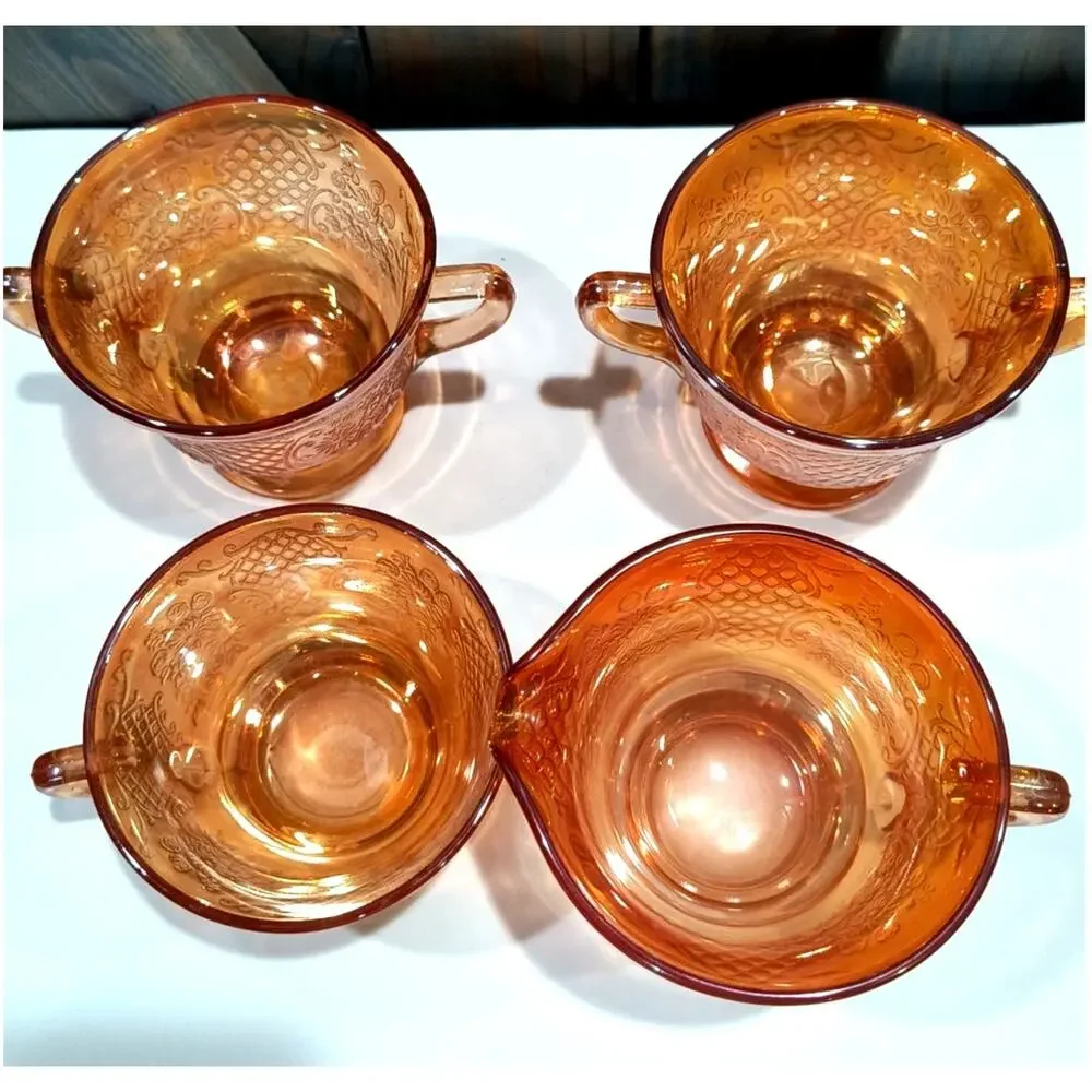 569. Set of 4 Pcs Federal Glass Normandie Bouquet Lattice Cream Sugar